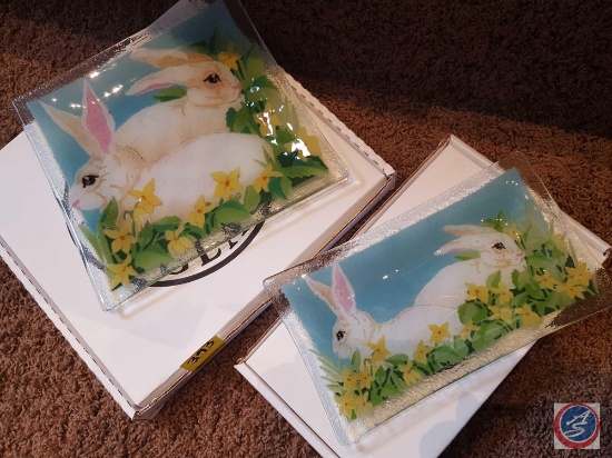 Peggy Karr Glass 10" tray and 10" square decorative fused glass plates- Bunnies
