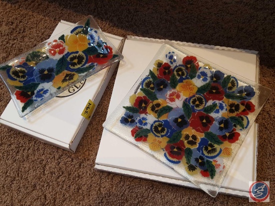 Peggy Karr Glass 10" tray and 10" square decorative fused glass plates- Pansies