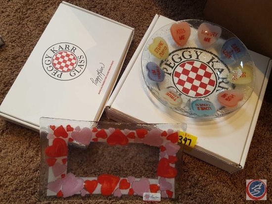 Peggy Karr Glass 10" tray- Hearts and 9" bowl- Candy Hearts decorative fused glass plates
