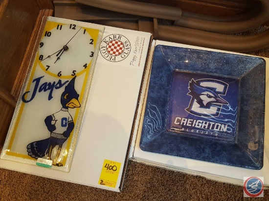 Peggy Karr Glass 13" Creighton clock and 10" square Creighton decorative fused glass plate