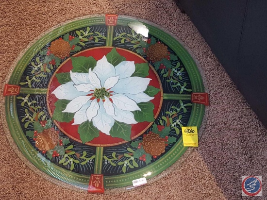 Peggy Karr Glass 21" decorative fused glass table top- Pinecone and Poinsettia