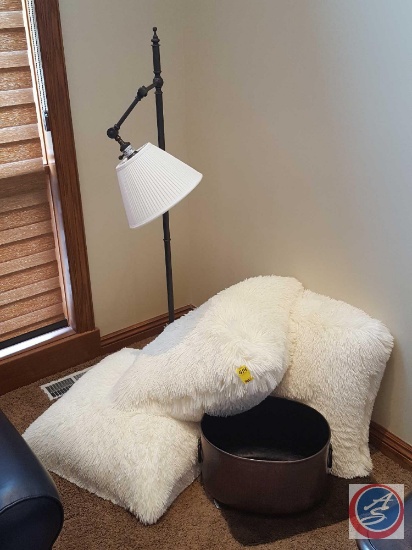 Floor lamp with adjustable arm, (3) 24"x24" soft pillows, beverage tub, small floor rug