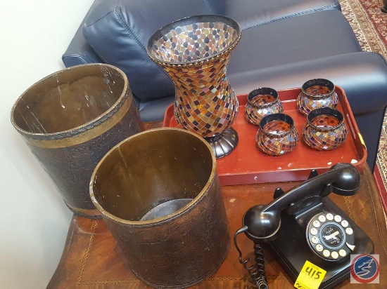 5 piece mosaic glass candle holder set, tray, repro vintage corded phone, (2) trash cans