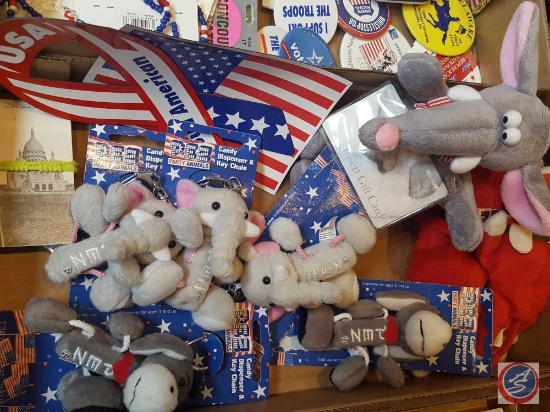 (3) flats containing assorted political collectible items- pins, key chains, cups, cards and more