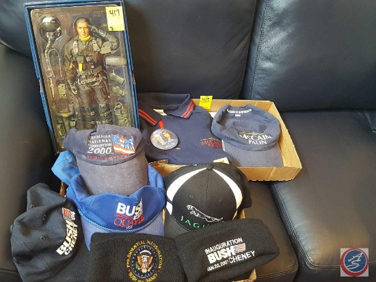 Assorted Republican hats and polo shirt, Flite Force Aviator George W. Bush action figure in box