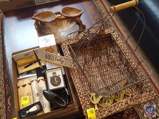 Decorative basket tray, decorative wire basket, wooden 2 tier display, pair of wing tip shoe