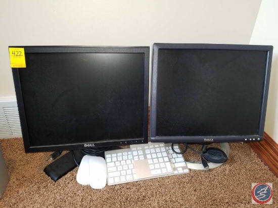 (2) Dell computer monitors, (2) Apple mice, Apple keyboard, Belkin 10 key pad