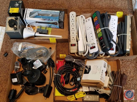 (7) power strips, (2) LED desk lights, (2) VHF transmitters, assorted power cords and power packs,