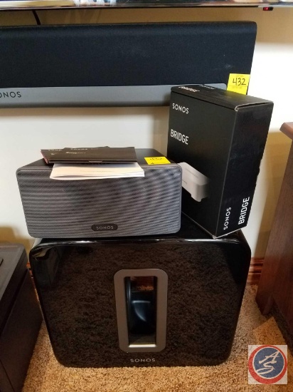 4 piece Sonos wireless hifi sound system including; Play 3, Sub, Soundbar and Bridge {{NEW IN BOX}}