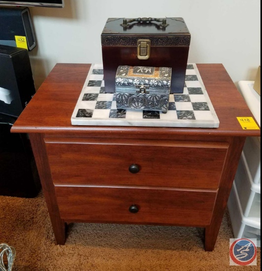 2-drawer wood side table, large and small marble checker/chess boards, (2) game piece trunks