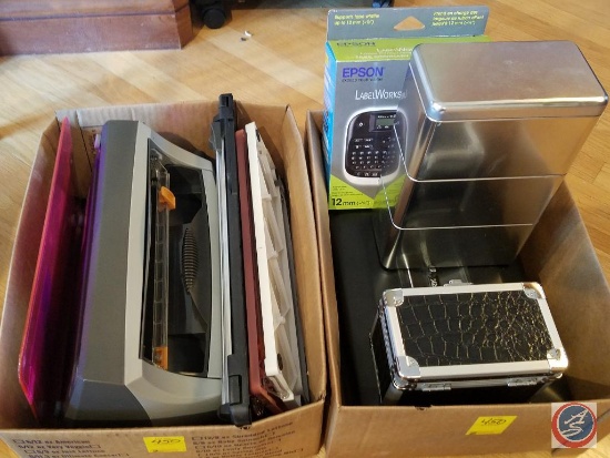 (2) Sentry lock boxes, 3 piece tin index card storage, Epson LabelWorks LW-300, Dymo easy laminator