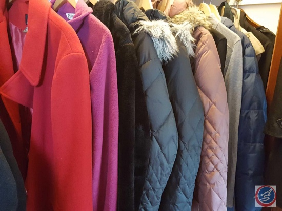 (12) Men and women's jackets all size XL (Eddie Bauer and Columbia) and a tote containing assorted