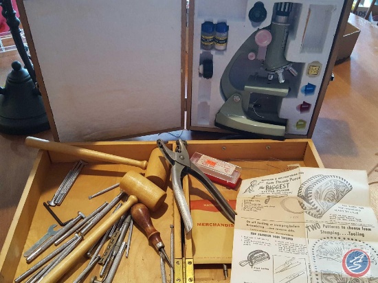 Tasco microscope in case with accessories, Tandy leather kit in box