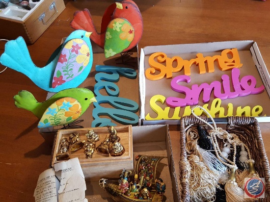 (3) metal decorative birds, wood d?cor sayings (Spring/Smile/Sunshine/Hello), 7 Gods of good fortune