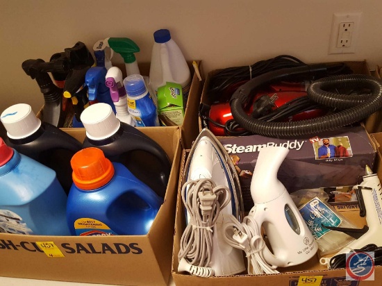 (4) boxes containing laundry supplies including; iron, (2) steamers, Redivac, detergents/soaps, and