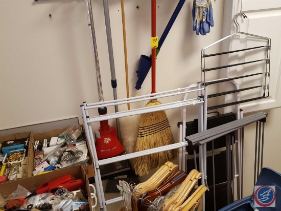 (2) step stools, (2) clothes drying racks, broom, broom vac, dusters, household hardware and more