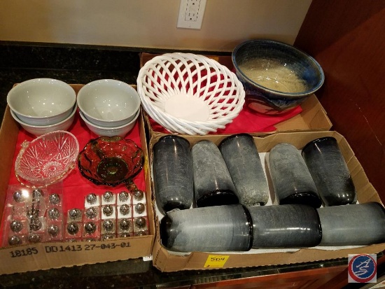 (3) flats containing salt and pepper shakers, decorative serving bowls, At Home tall tumbler glasses