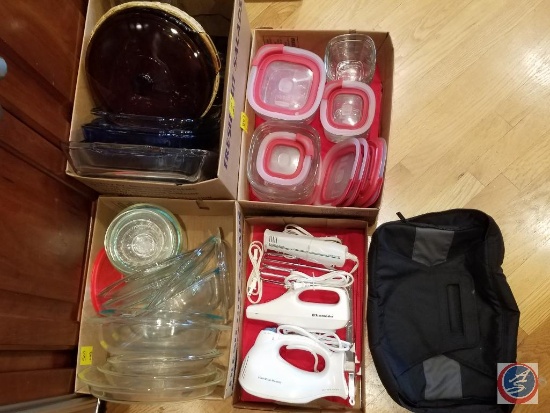 (4) boxes containing glass casserole dishes, glass pie pans, Hamilton Beach hand mixer, Toastmaster,