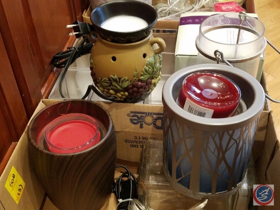 (3) boxes containing Yankee candles, Scentsy candles, candle holders and more