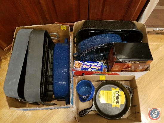 (3) boxes containing black and blue enamel speckleware, (2) Lodge cast iron 10" skillets, Reynold's