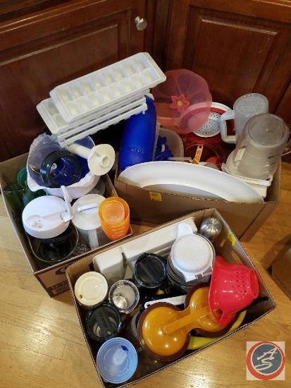 (3) boxes containing kitchen plasticware including; cups, pitchers, trays, utensil holders,