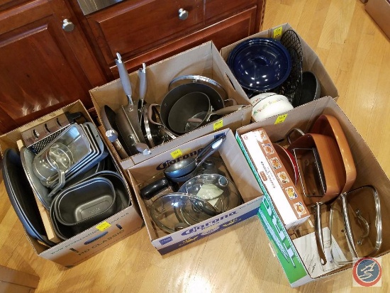 (5) boxes containing misc. pots and pans (Anolon, Rival, Kobe Kitchen, Copper Chef)