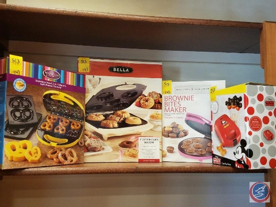 (4) novelty baking presses including; pretzel, brownie, cake pop and fluted cake makers