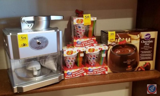Wilton chocolate pro melting pot, Waring snow cone maker, (5) Jelly Belly snow cone cups and straws