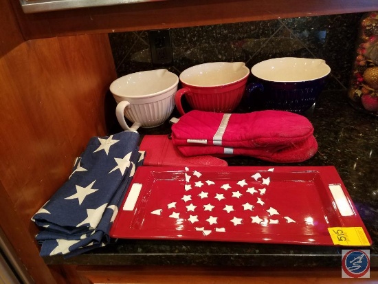 (3) large red, white and blue bowls, Pottery Barn star printed cloth napkins, (3) red oven mitts,