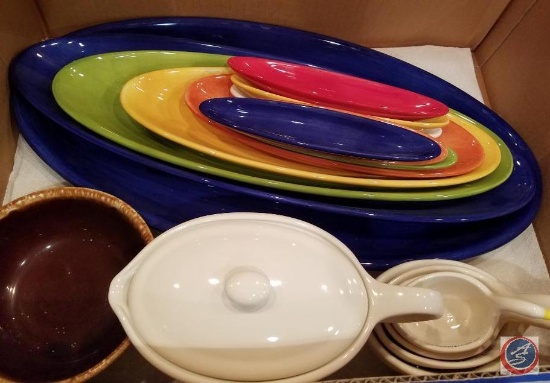 Pottery Barn colorful serve dishes including; party tray, nesting bowls, (20) pasta plates,