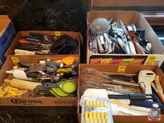 (4) flats containing misc. kitchen utensils and steak knives