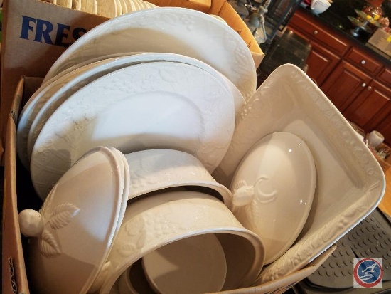 (4) boxes of Mikasa English Countryside White assorted dishes and serving platters {{SOLD 2x THE