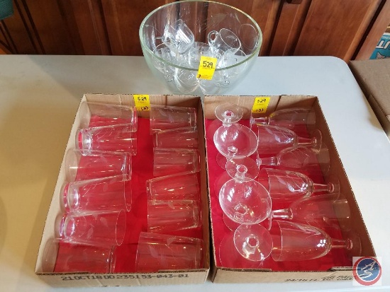 Punch bowl with glasses, (2) flats of assorted glassware (all have the same wheat pattern)