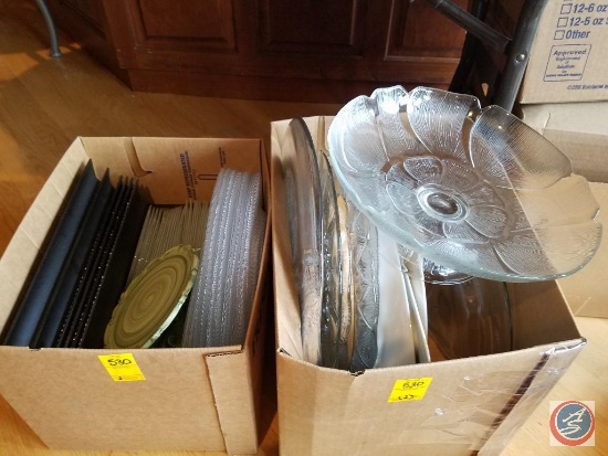 (2) boxes containing assorted shapes and sizes of serving trays and cake plates