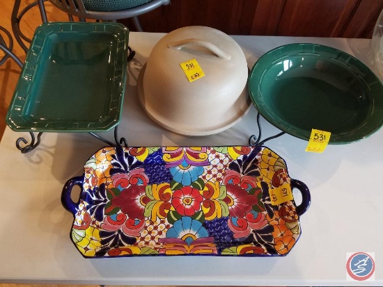 Superstone by Sassafras baking dish with lid, (2) Longaberger serving dishes with stands, colorful