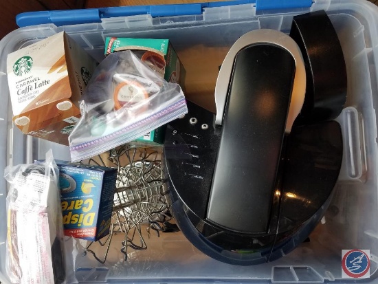 Tote containing; Keurig (model #K40) with K-cup carousel, K-cups, cleaner