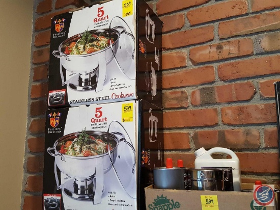 (2) 5qt. Stainless steel chaffing dishes, box of Sterno