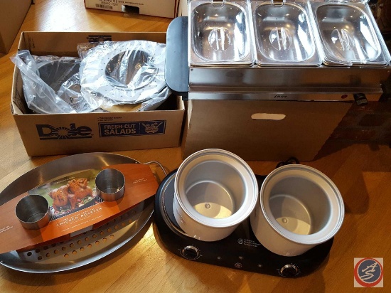 GE double burner hot plate with (2) crocks, Oster 3 compartment electric warmer with lids, Williams