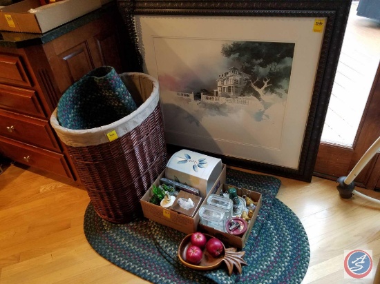 Wicker trash can, (3) small woven rugs, bathroom accessories, wall phone, Anderson 773 of 950 framed