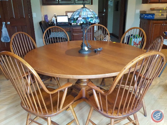 Pennsylvania House 5' 6'' round wood kitchen table with (9) spindle back chairs [2 are captain's