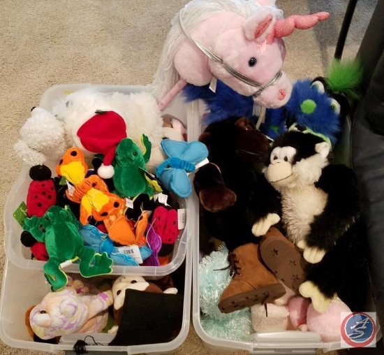 (2) totes containing an assortment of stuffed animals and hand puppets
