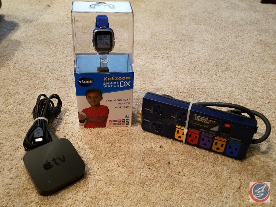 Apple TV receiver, Kidizoom smart watch DX by Vtech and Monster power strip