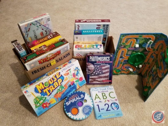 (2) boxes containing; assorted board games including; Scrabble, Monopoly, Tripoley, Blurt,