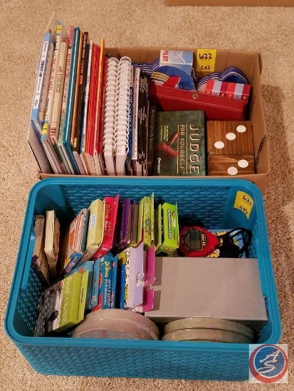(2) boxes containing; children's books, flash cards, playing cards, Judge for Yourself game, large