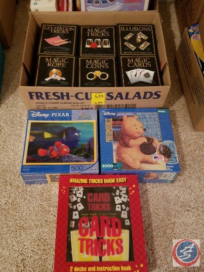 (2) boxes containing; (12) boxes of magic tricks, Chronology game, Disney puzzles, Harry Potter