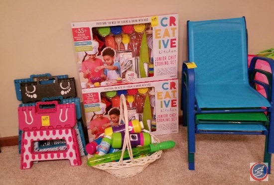 (2) NEW Junior Chef cooking sets, (4) folding plastic step stools, (3) kids sling chairs, assortment