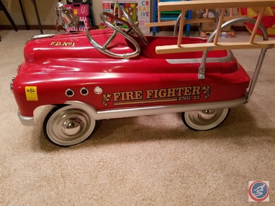 Repro Metal fire truck push pedal car with bell and ladders