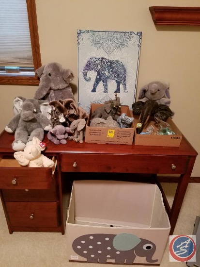 Tote containing stuffed elephants and (2) flats of elephant themed collectibles