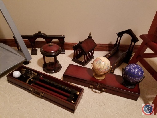 (2) Hammond desk top globes, small 4-shelf wood cabinet (15"x9.5"x8"), 6 piece Bombay executive wood