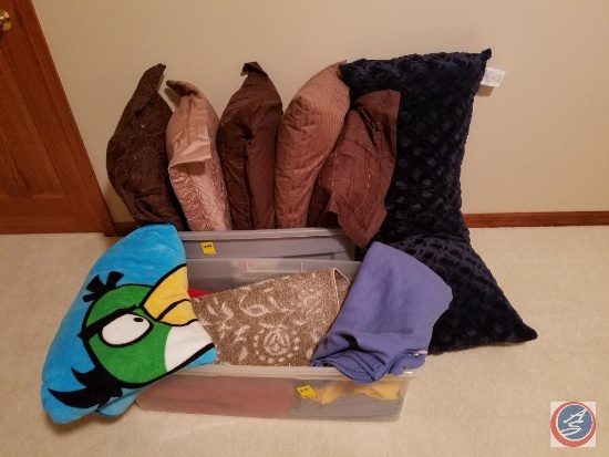 (2) Totes containing; (5) decorative throw pillows, body pillow, blankets, a rug and towels